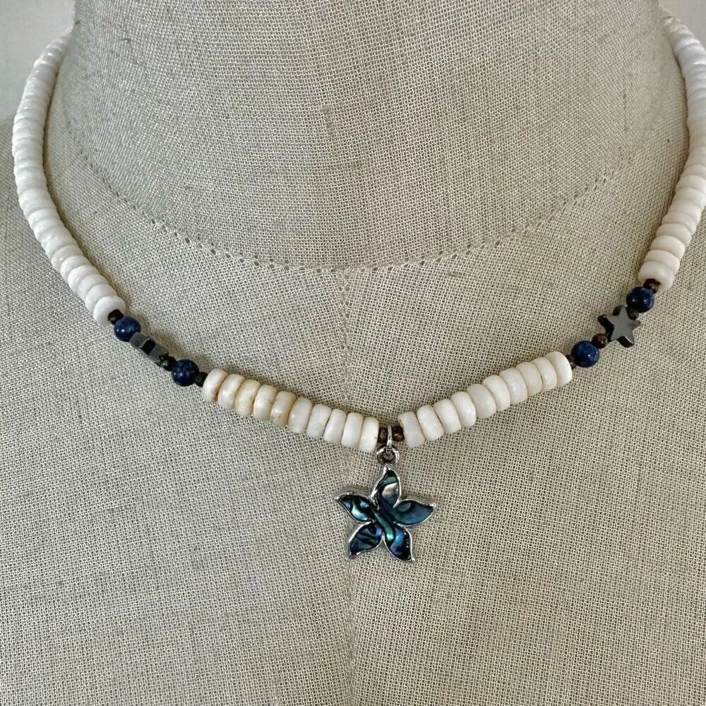 Puka shell abalone flower pendant necklace
